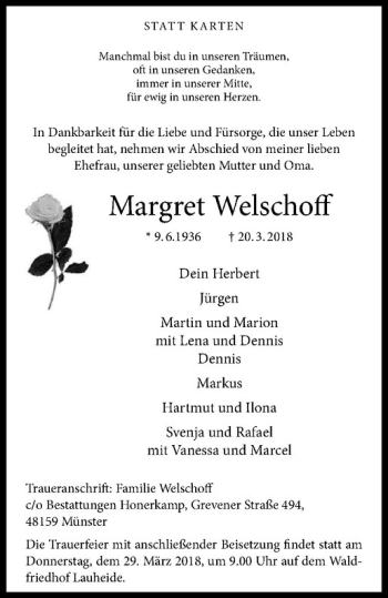 Anzeige von Margret Welschoff von Westfälische Nachrichten