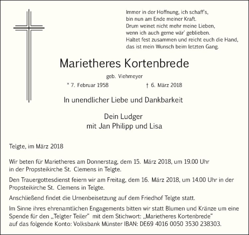  Traueranzeige für Marietheres Kortenbrede vom 10.03.2018 aus Westfälische Nachrichten
