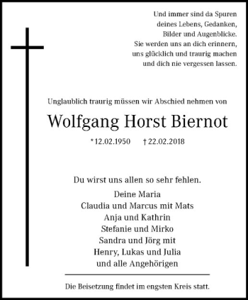 Anzeige von Wolfgang Horst Biernot von Westfälische Nachrichten