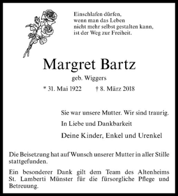 Anzeige von Margret Bartz von Westfälische Nachrichten