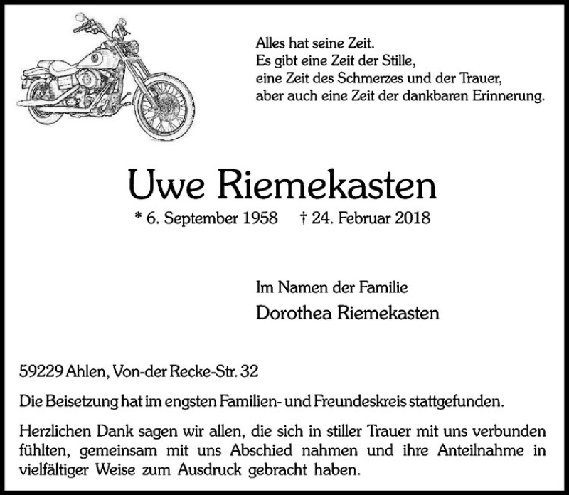  Traueranzeige für Uwe Riemekasten vom 10.03.2018 aus Westfälische Nachrichten