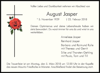 Anzeige von August Jasper von Westfälische Nachrichten