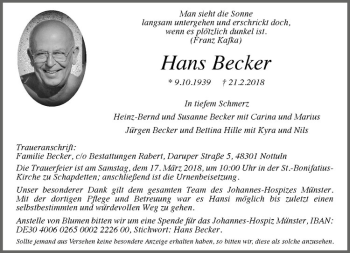 Anzeige von Hans Becker von Westfälische Nachrichten
