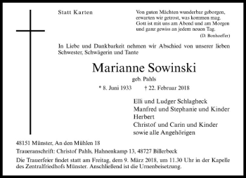 Anzeige von Marianne Sowinski von Westfälische Nachrichten