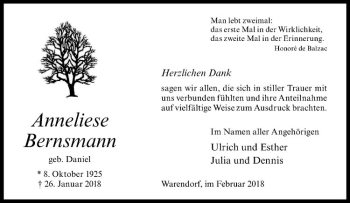Anzeige von Anneliese Bernsmann von Westfälische Nachrichten