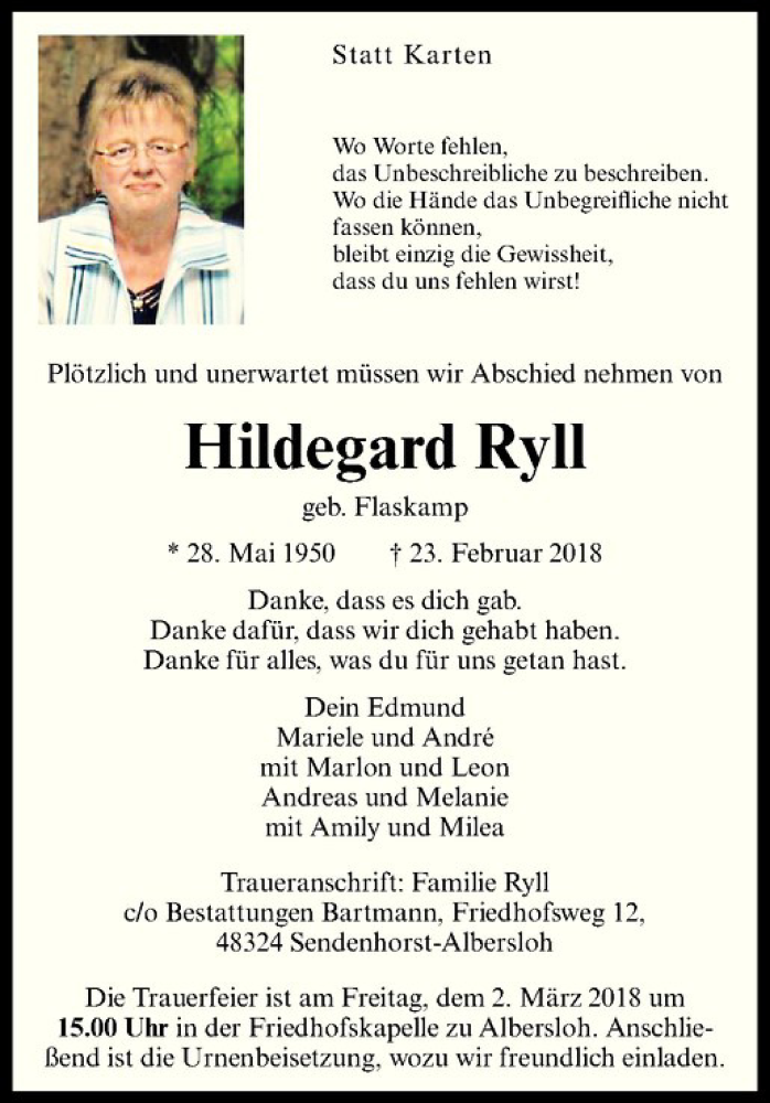  Traueranzeige für Hildegard Ryll vom 28.02.2018 aus Westfälische Nachrichten