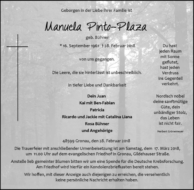  Traueranzeige für Manuela Pinto-Plaza vom 10.03.2018 aus Westfälische Nachrichten