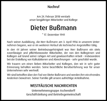 Anzeige von Dieter Bußmann von Westfälische Nachrichten