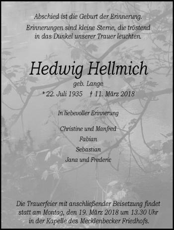 Anzeige von Hedwig Hellmich von Westfälische Nachrichten