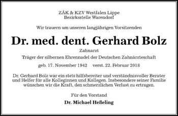 Anzeige von Gerhard Bolz von Westfälische Nachrichten