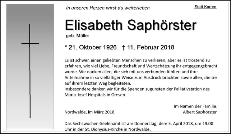  Traueranzeige für Elisabeth Saphörster vom 30.03.2018 aus Westfälische Nachrichten