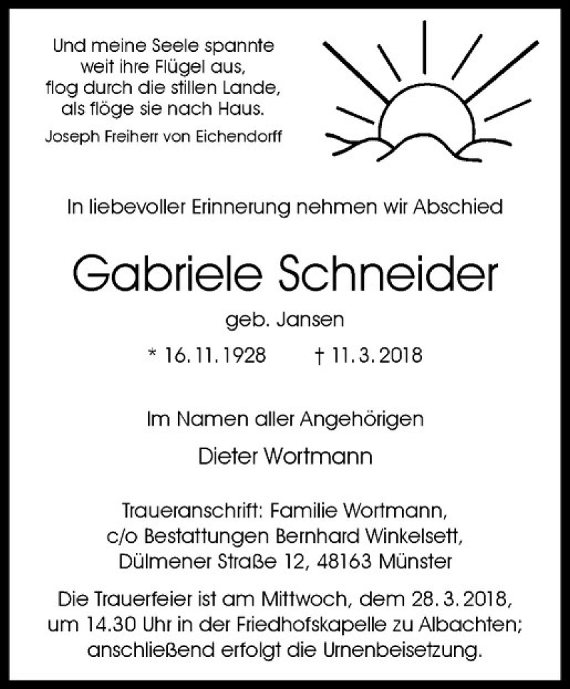  Traueranzeige für Gabriele Schneider vom 24.03.2018 aus Westfälische Nachrichten