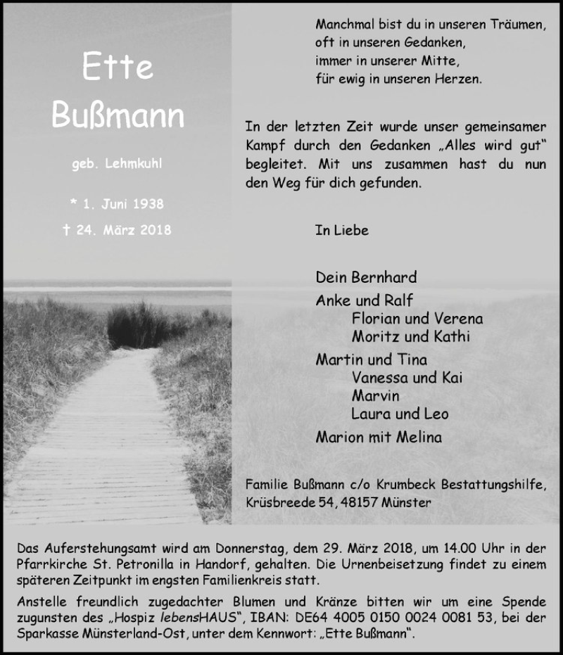  Traueranzeige für Ette Bußmann vom 28.03.2018 aus Westfälische Nachrichten