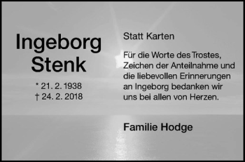 Anzeige von Ingeborg Stenk von Westfälische Nachrichten