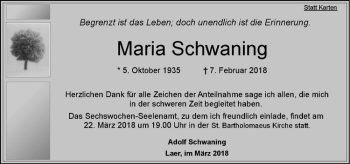 Anzeige von Maria Schwaning von Westfälische Nachrichten