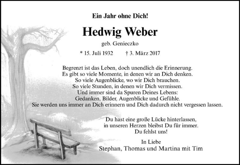  Traueranzeige für Hedwig Weber vom 03.03.2018 aus Westfälische Nachrichten