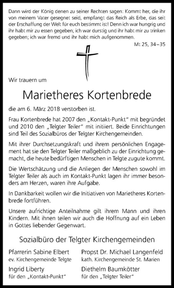  Traueranzeige für Marietheres Kortenbrede vom 17.03.2018 aus Westfälische Nachrichten