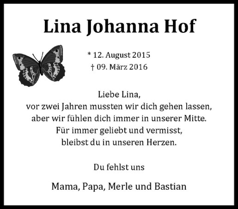  Traueranzeige für Lina Johanna Hof vom 09.03.2018 aus Westfälische Nachrichten