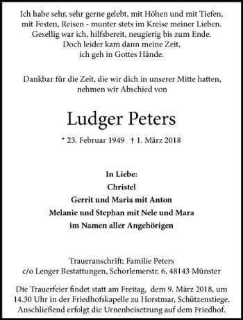 Anzeige von Ludger Peters von Westfälische Nachrichten