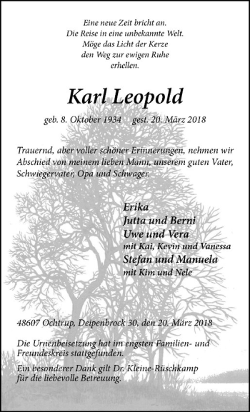 Anzeige von Karl Leopold von Westfälische Nachrichten