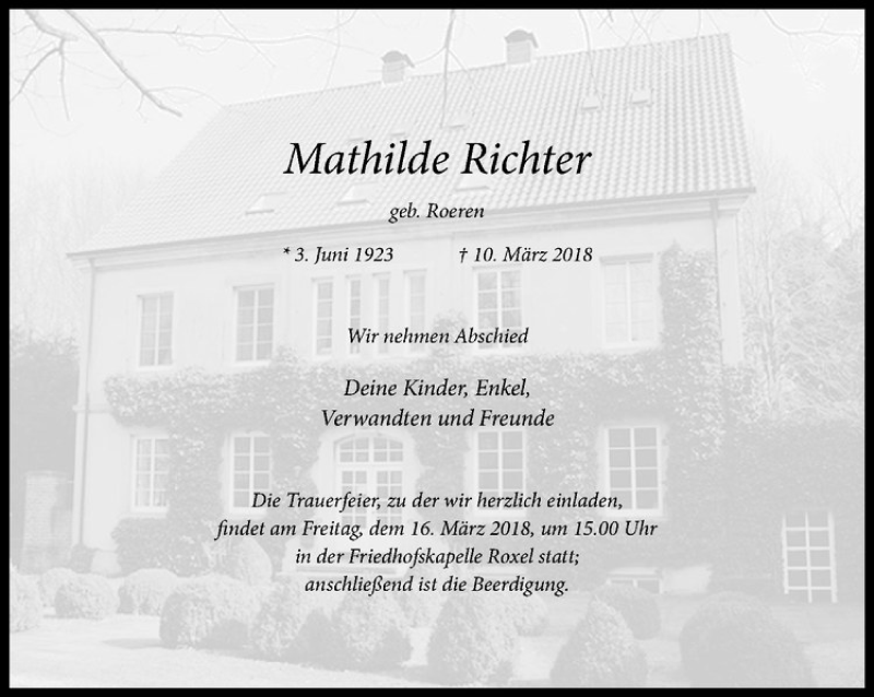  Traueranzeige für Mathilde Richter vom 13.03.2018 aus Westfälische Nachrichten