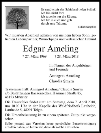 Anzeige von Edgar Ameling von Westfälische Nachrichten