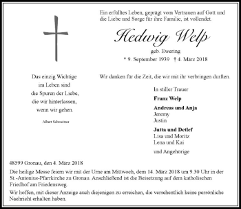 Anzeige von Hedwig Welp von Westfälische Nachrichten