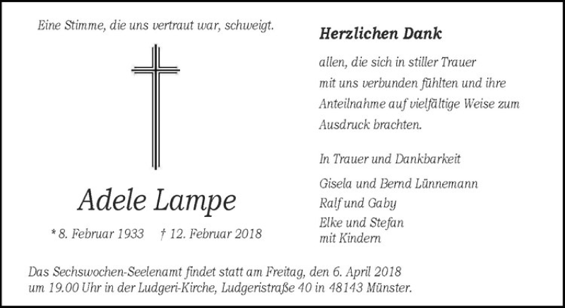  Traueranzeige für Adele Lampe vom 30.03.2018 aus Westfälische Nachrichten