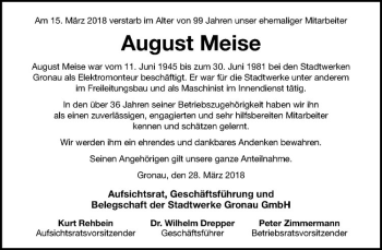Anzeige von August Meise von Westfälische Nachrichten