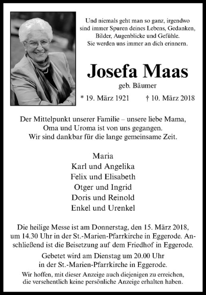  Traueranzeige für Josefa Maas vom 13.03.2018 aus Westfälische Nachrichten