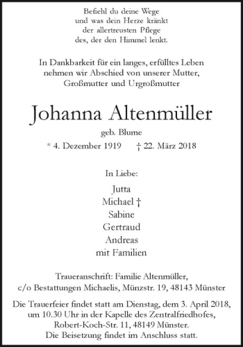 Anzeige von Johanna Altenmüller von Westfälische Nachrichten