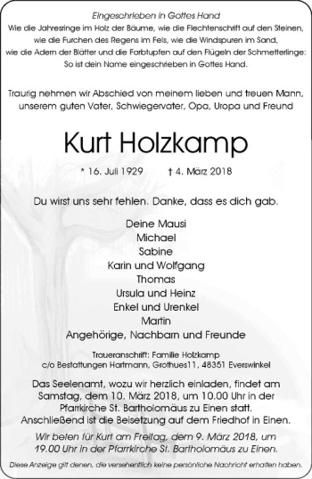 Anzeige von Kurt Holzkamp von Westfälische Nachrichten