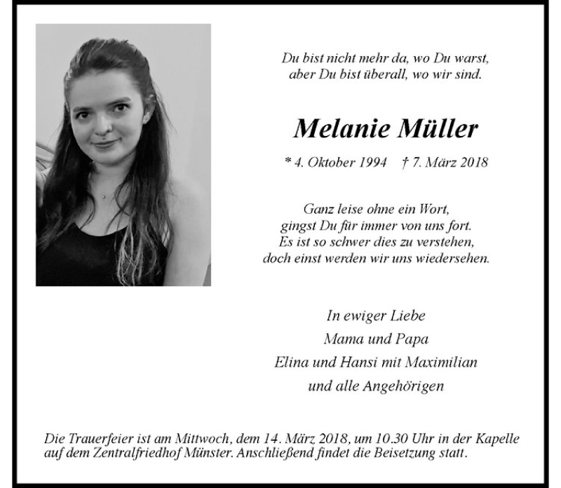  Traueranzeige für Melanie Müller vom 10.03.2018 aus Westfälische Nachrichten