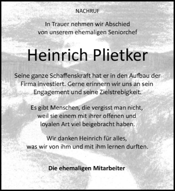 Anzeige von Heinrich Plietker von Westfälische Nachrichten