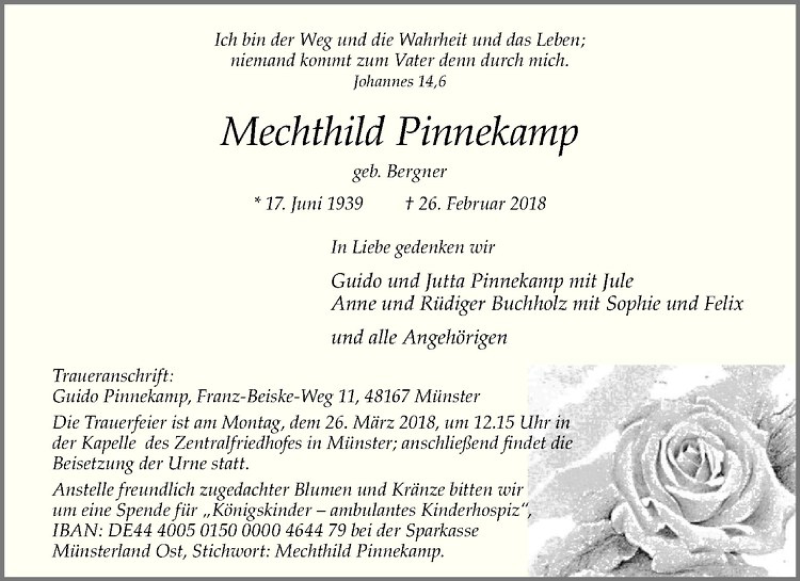  Traueranzeige für Mechthild Pinnekamp vom 17.03.2018 aus Westfälische Nachrichten