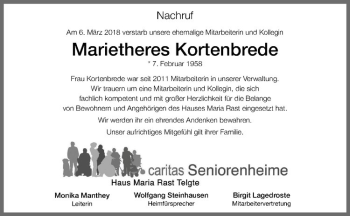 Anzeige von Marietheres Kortenbrede von Westfälische Nachrichten
