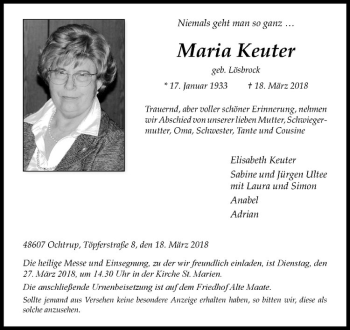 Anzeige von Maria Keuter von Westfälische Nachrichten