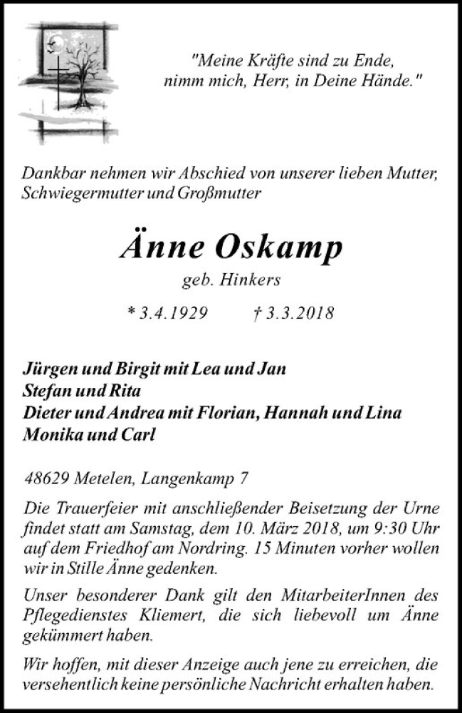  Traueranzeige für Änne Oskamp vom 07.03.2018 aus Westfälische Nachrichten