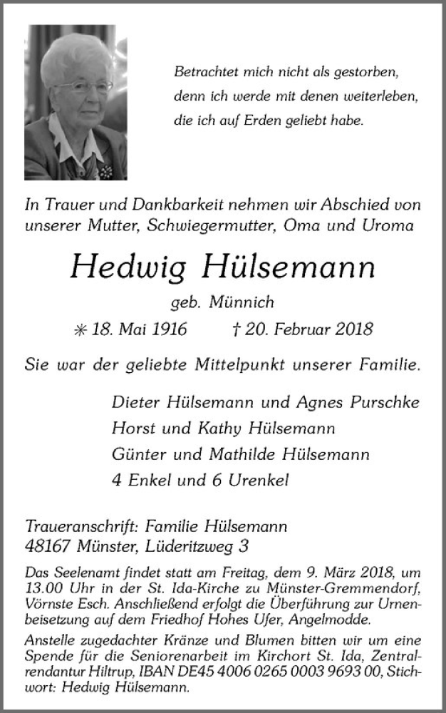  Traueranzeige für Hedwig Hülsemann vom 03.03.2018 aus Westfälische Nachrichten