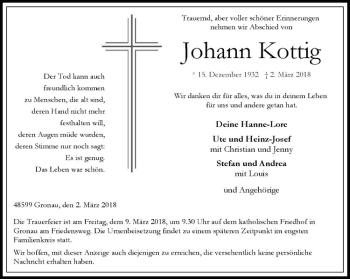 Anzeige von Johann Kottig von Westfälische Nachrichten