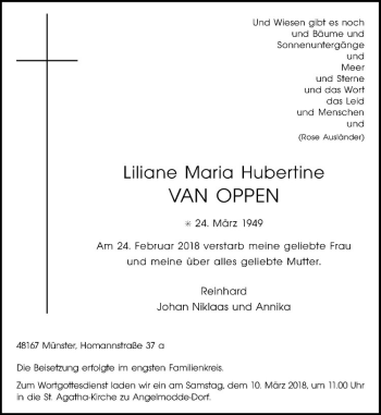 Anzeige von Liliane Maria Hubertine Van Oppen von Westfälische Nachrichten