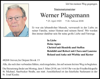 Anzeige von Werner Plagemann von Westfälische Nachrichten