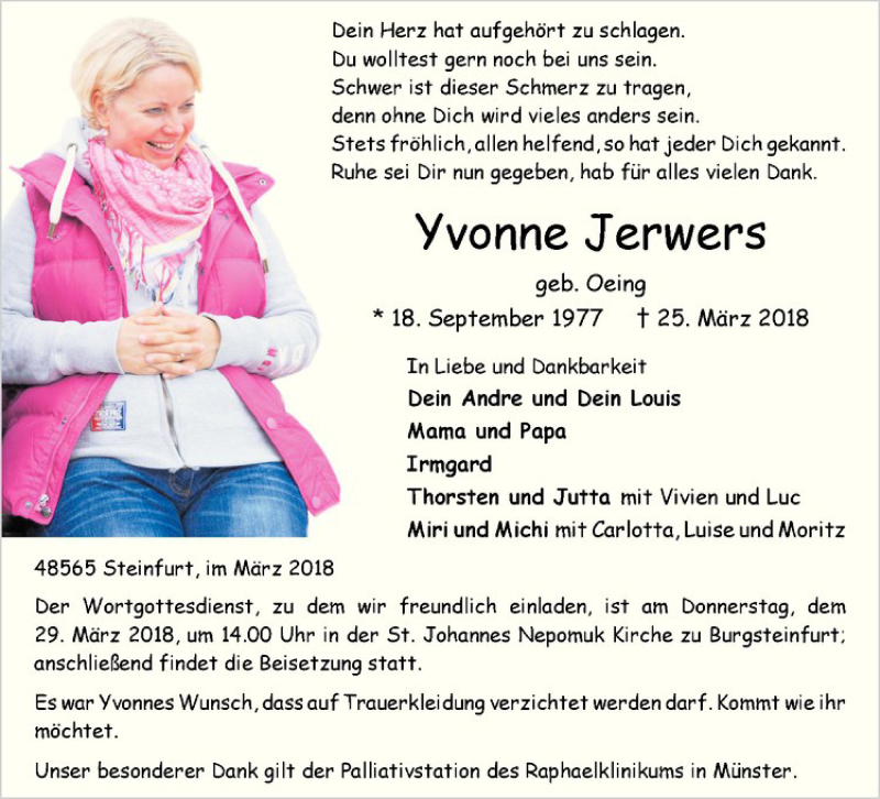  Traueranzeige für Yvonne Jerwers vom 27.03.2018 aus Westfälische Nachrichten