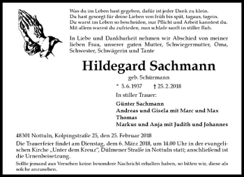 Anzeige von Hildegard Sachmann von Westfälische Nachrichten