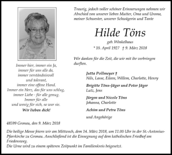 Anzeige von Hilde Töns von Westfälische Nachrichten