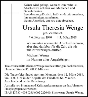 Anzeige von Ursula Theresia Wenge von Westfälische Nachrichten
