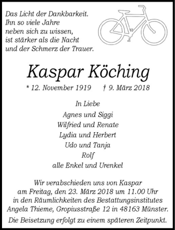 Anzeige von Kaspar Köching von Westfälische Nachrichten