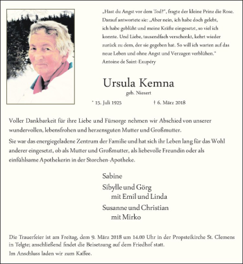Anzeige von Ursula Kemna von Westfälische Nachrichten