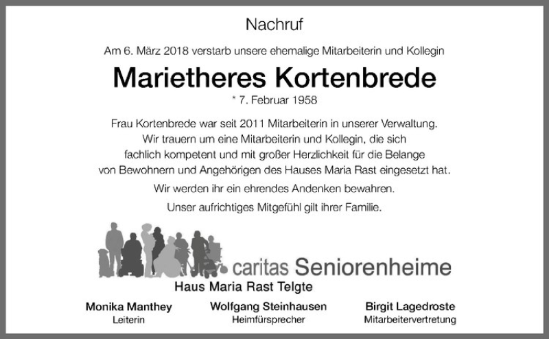  Traueranzeige für Marietheres Kortenbrede vom 15.03.2018 aus Westfälische Nachrichten