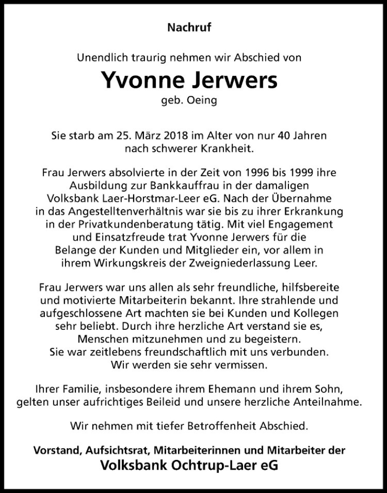  Traueranzeige für Yvonne Jerwers vom 29.03.2018 aus Westfälische Nachrichten